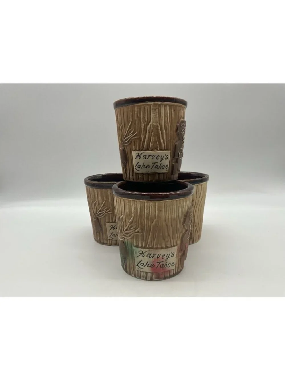 Harveys Lake Tahoe Vintage Tiki Mug Otagiri Brown Bucket Style Set of 4 Barware